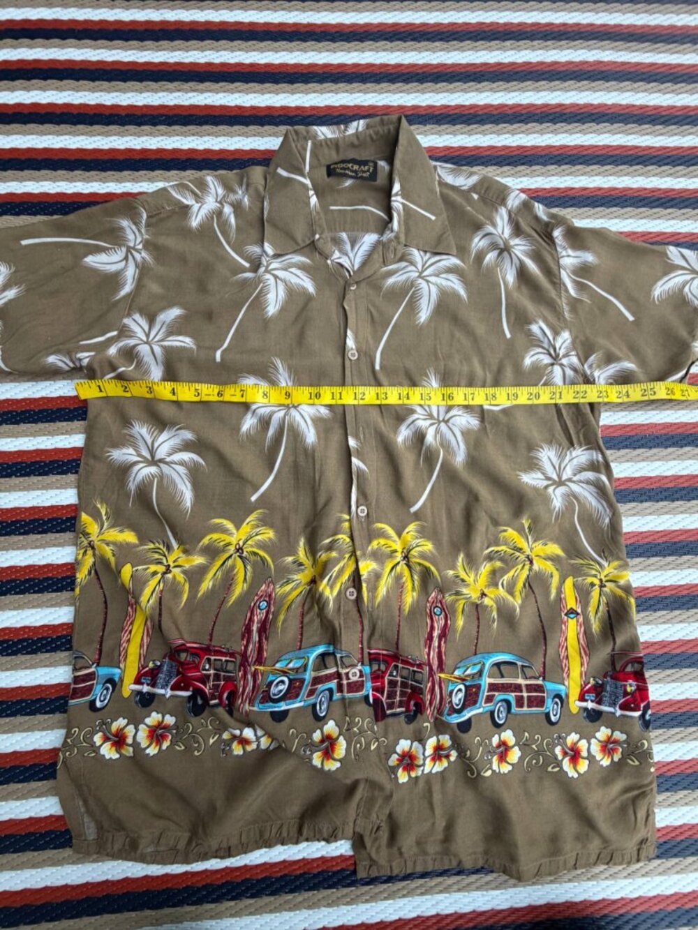 Indocraft Men's Size M Brown Taupe Woody Wagon Palm Tree Rayon Hawaiian Shirt - Picture 8 of 8